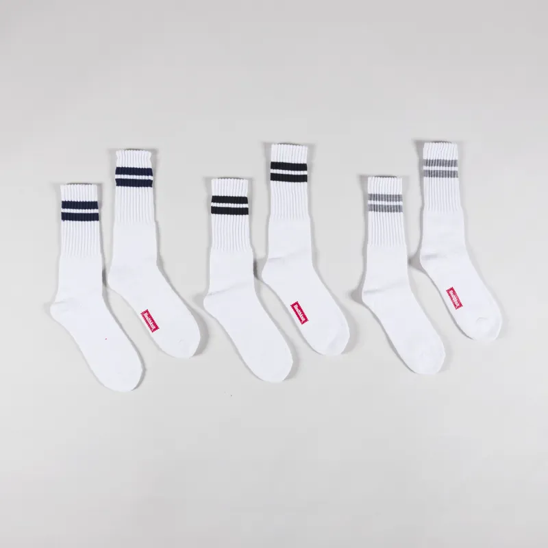 Healthknit 3 Pairs Striped Crew Socks White Grey Navy Black