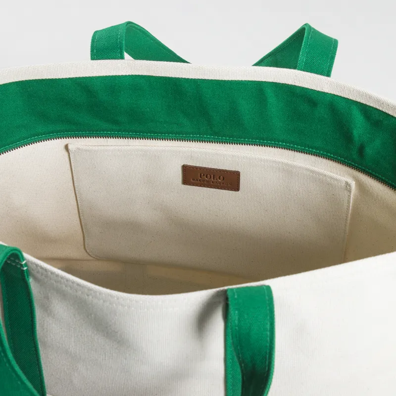 Polo Ralph Lauren Logo Embroidered Canvas Tote Hillside Green Cream-2