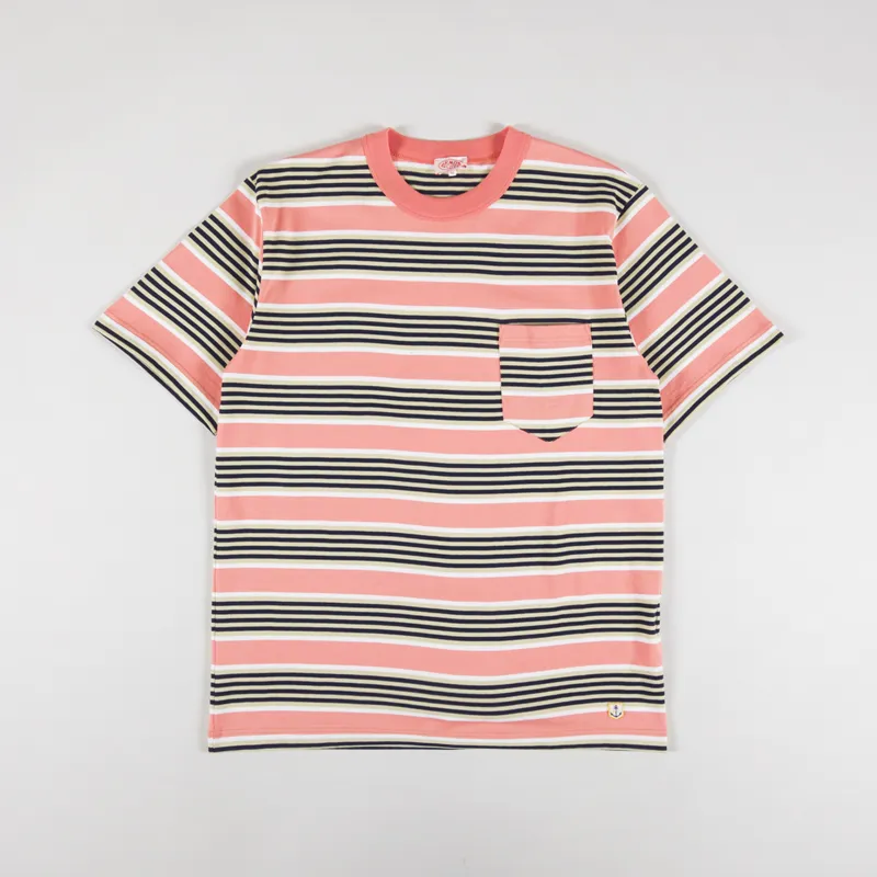 Armor Lux Heritage Stripe Pocket T Shirt Coral Olive Marine