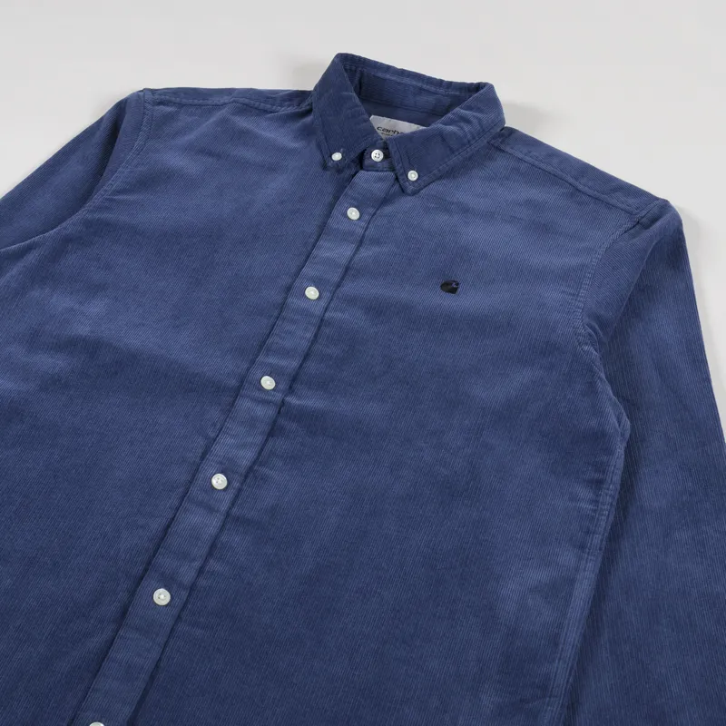Carhartt WIP Long Sleeve Madison Fine Cord Shirt Hudson Blue Black-2