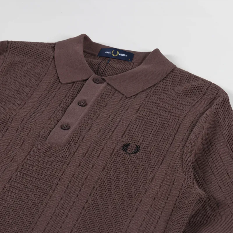 Fred Perry Mens Crochet Knit Shirt Carrington Brick Brown