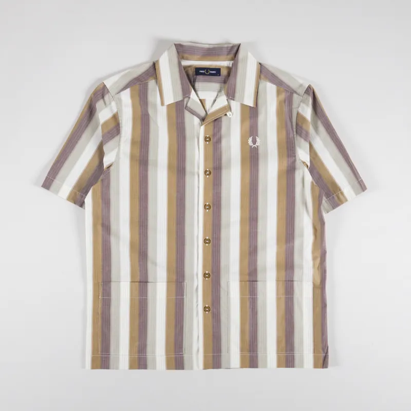 Fred Perry Ombre Stripe Revere Collar Shirt Dark Caramel