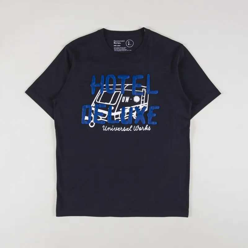 Universal Works Hotel Deluxe Print T Shirt Navy