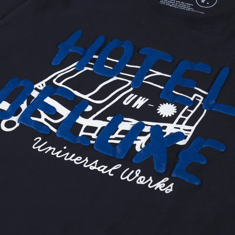 Universal Works Hotel Deluxe Print T Shirt Navy-4