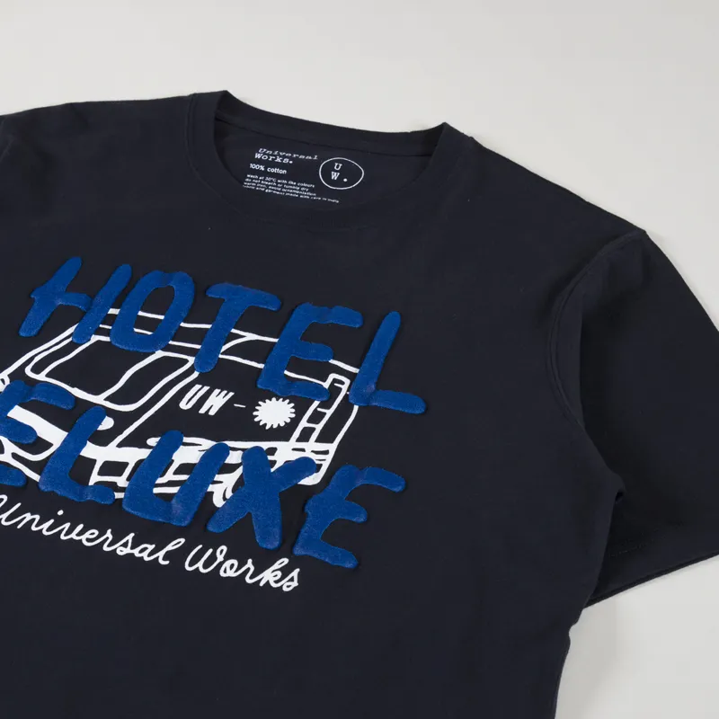 Universal Works Hotel Deluxe Print T Shirt Navy-2