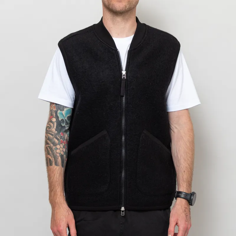 Universal Works Zip Waistcoat Black Wool Fleece