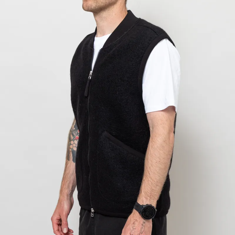 Universal Works Zip Waistcoat Black Wool Fleece-1