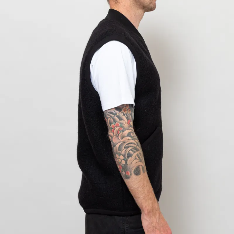 Universal Works Zip Waistcoat Black Wool Fleece-4