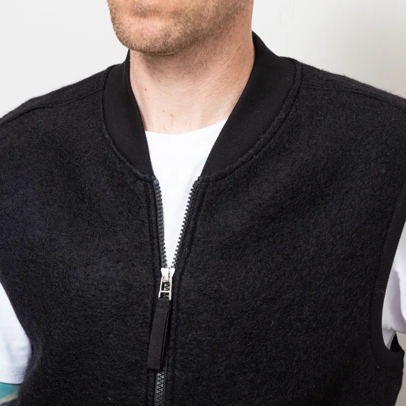 Universal Works Zip Waistcoat Black Wool Fleece-5