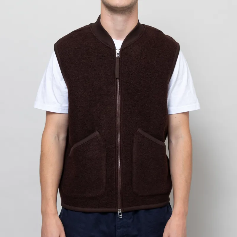Universal Works Zip Waistcoat Brown Wool Fleece