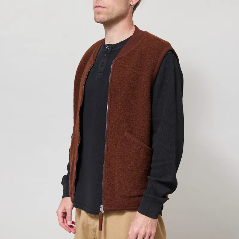 Universal Works Zip Waistcoat Cacao Wool Fleece-1