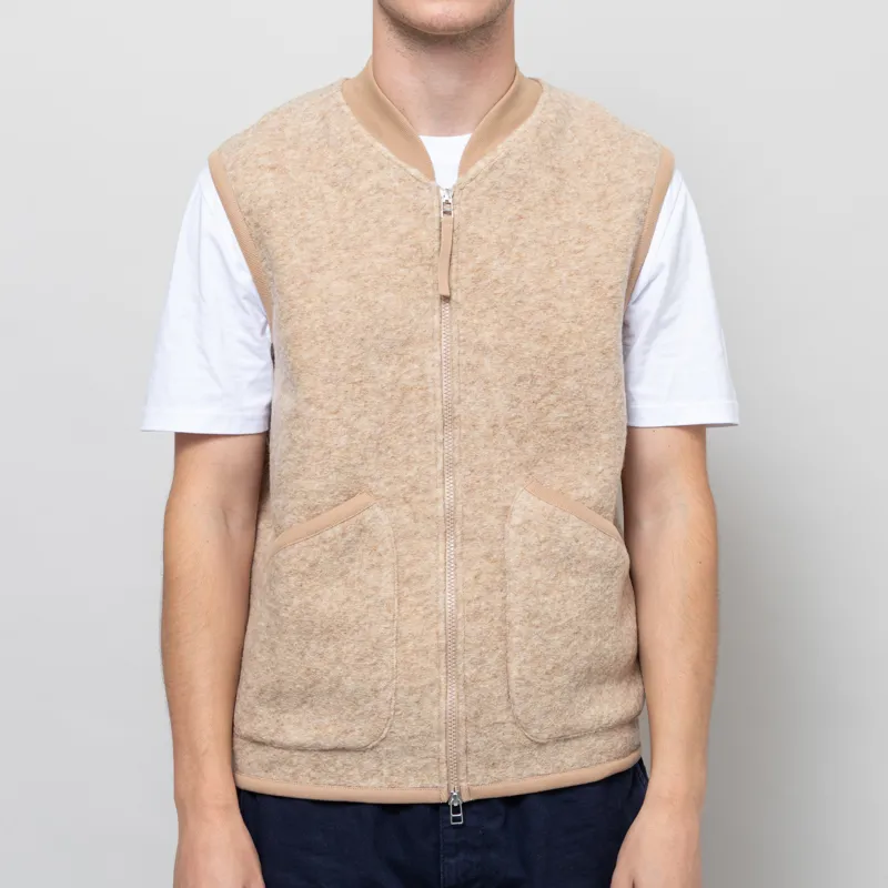 Universal Works Zip Waistcoat Fawn Wool Fleece