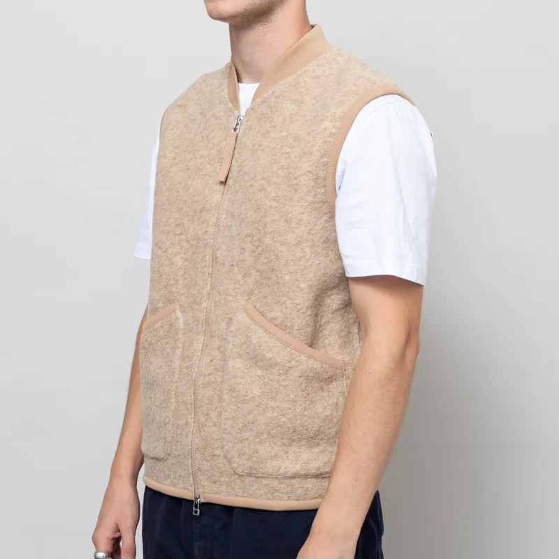 Universal Works Zip Waistcoat Fawn Wool Fleece-1