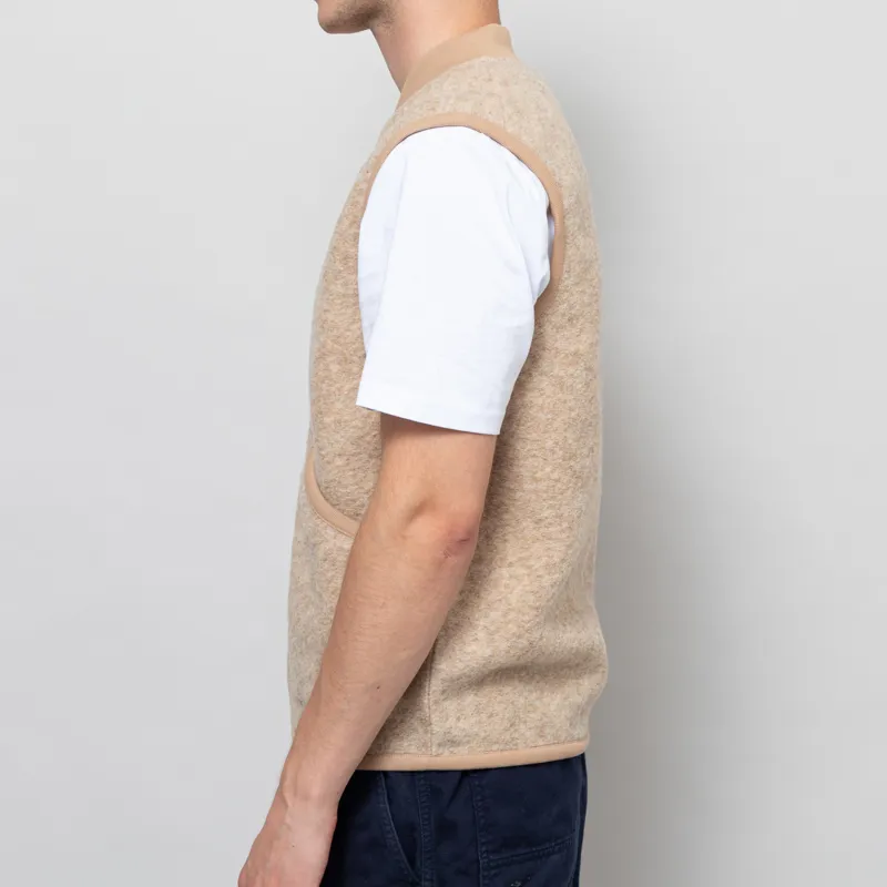 Universal Works Zip Waistcoat Fawn Wool Fleece-2