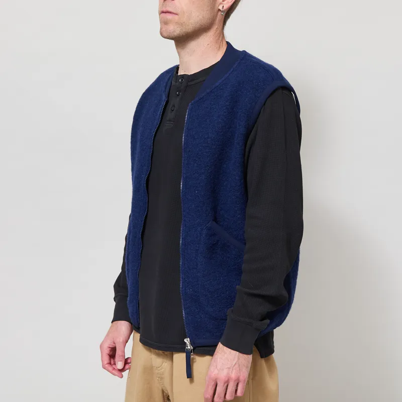 Universal Works Zip Waistcoat Indigo Wool Fleece-1