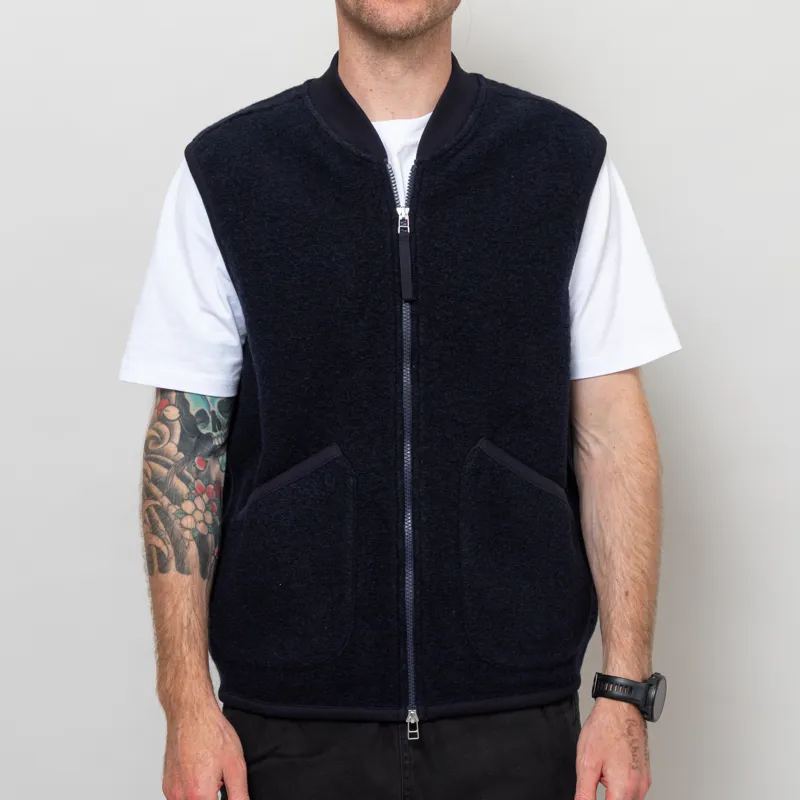 Universal Works Zip Waistcoat Navy Wool Fleece
