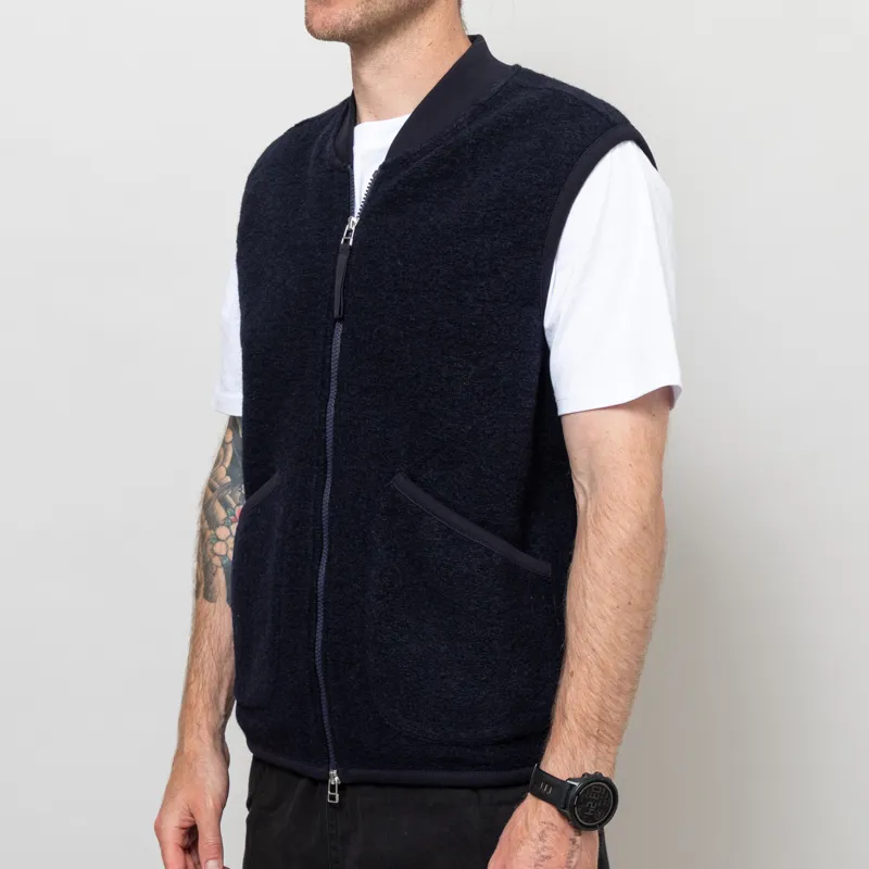 Universal Works Zip Waistcoat Navy Wool Fleece-1