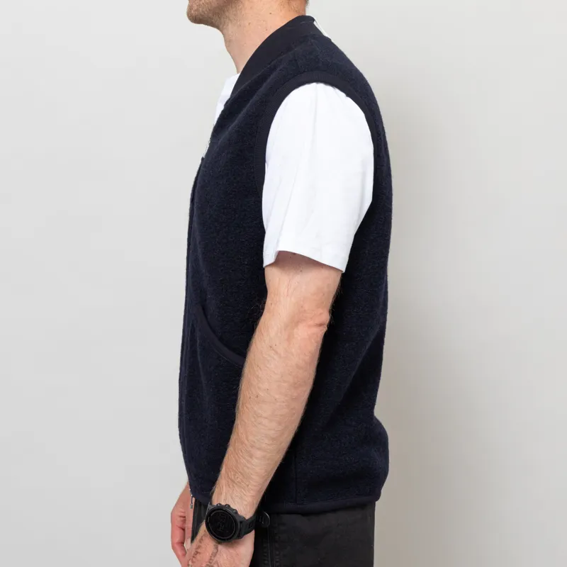 Universal Works Zip Waistcoat Navy Wool Fleece-2