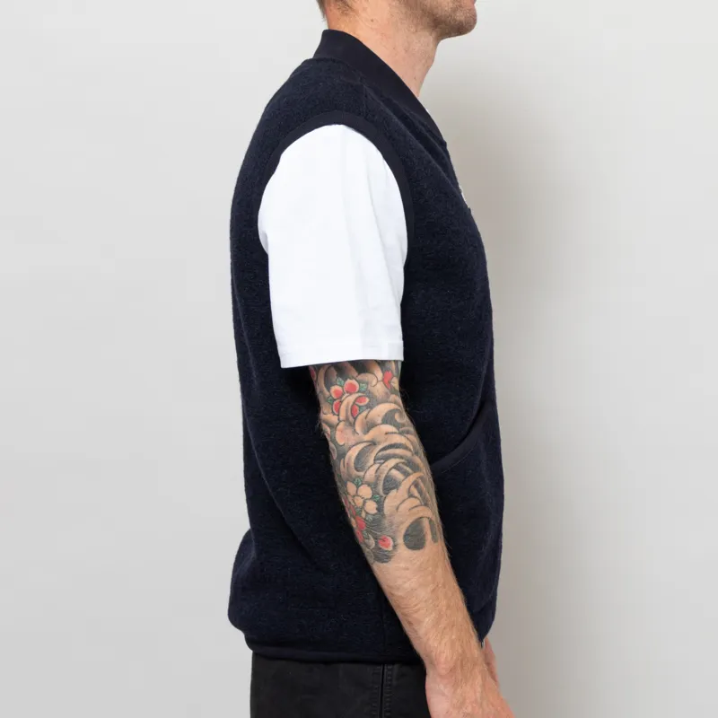 Universal Works Zip Waistcoat Navy Wool Fleece-4