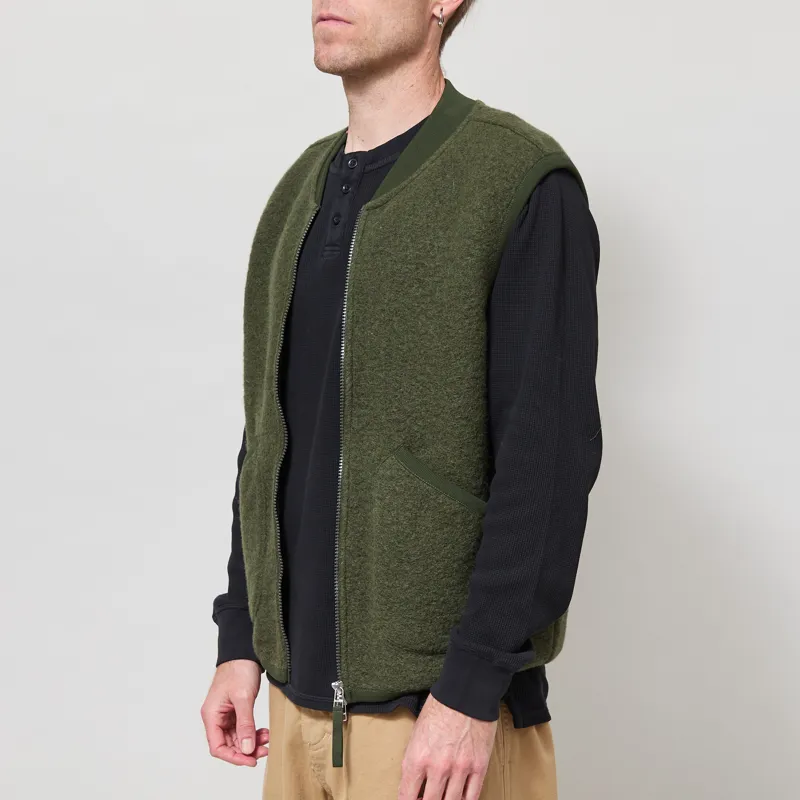 Universal Works Zip Waistcoat Olive Wool Fleece-1