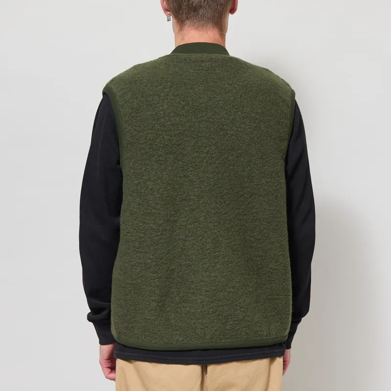 Universal Works Zip Waistcoat Olive Wool Fleece-2