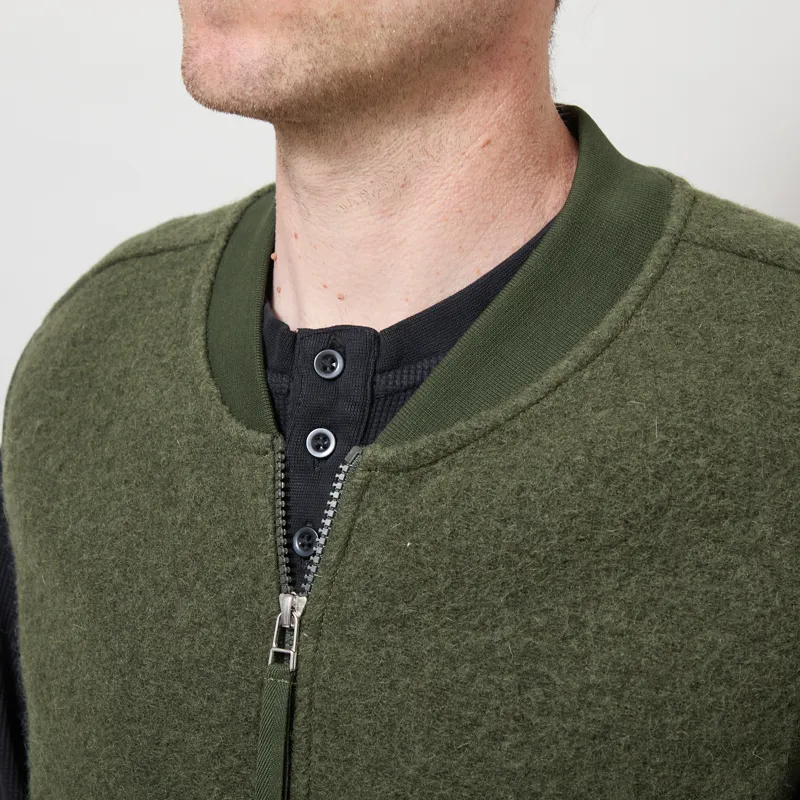 Universal Works Zip Waistcoat Olive Wool Fleece-3