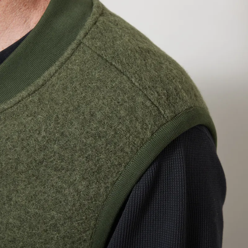 Universal Works Zip Waistcoat Olive Wool Fleece-4