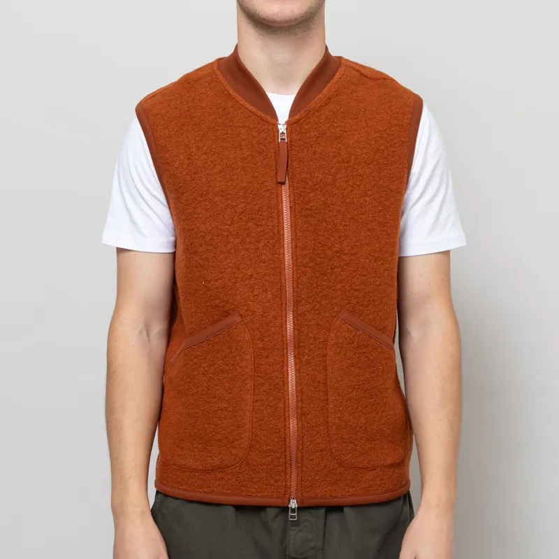 Universal Works Zip Waistcoat Rust Wool Fleece
