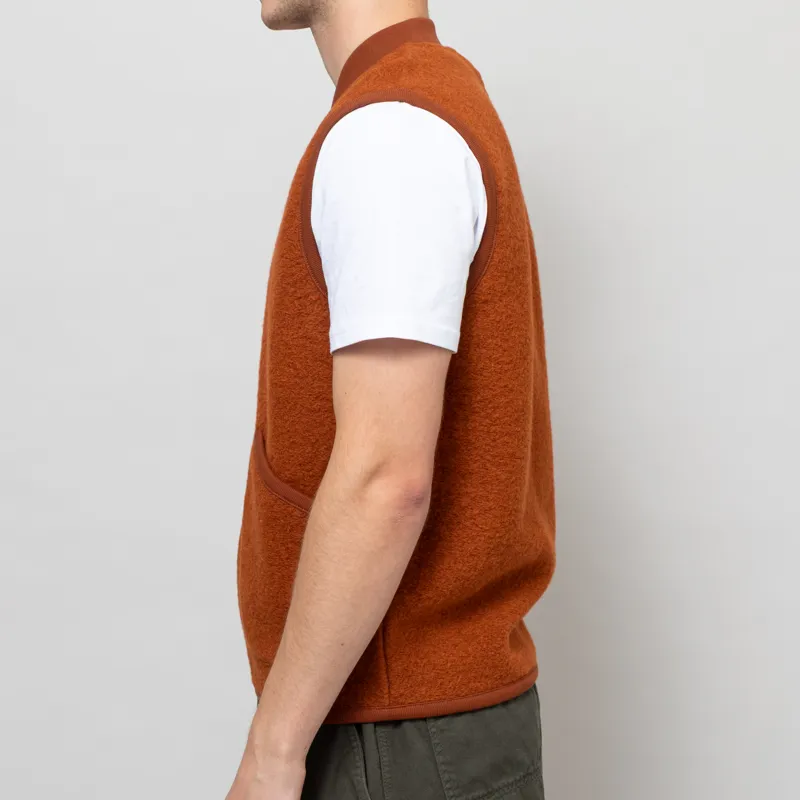 Universal Works Zip Waistcoat Rust Wool Fleece-2