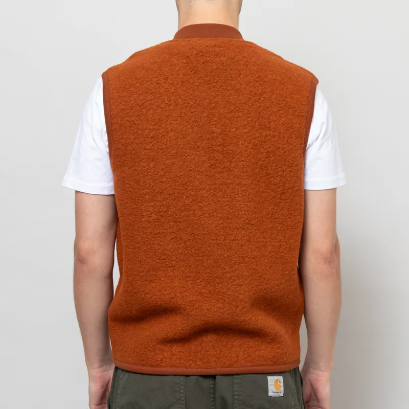 Universal Works Zip Waistcoat Rust Wool Fleece-3