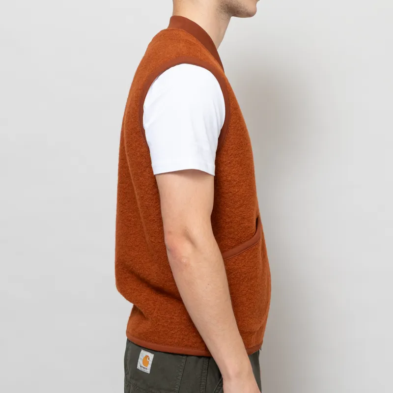 Universal Works Zip Waistcoat Rust Wool Fleece-4