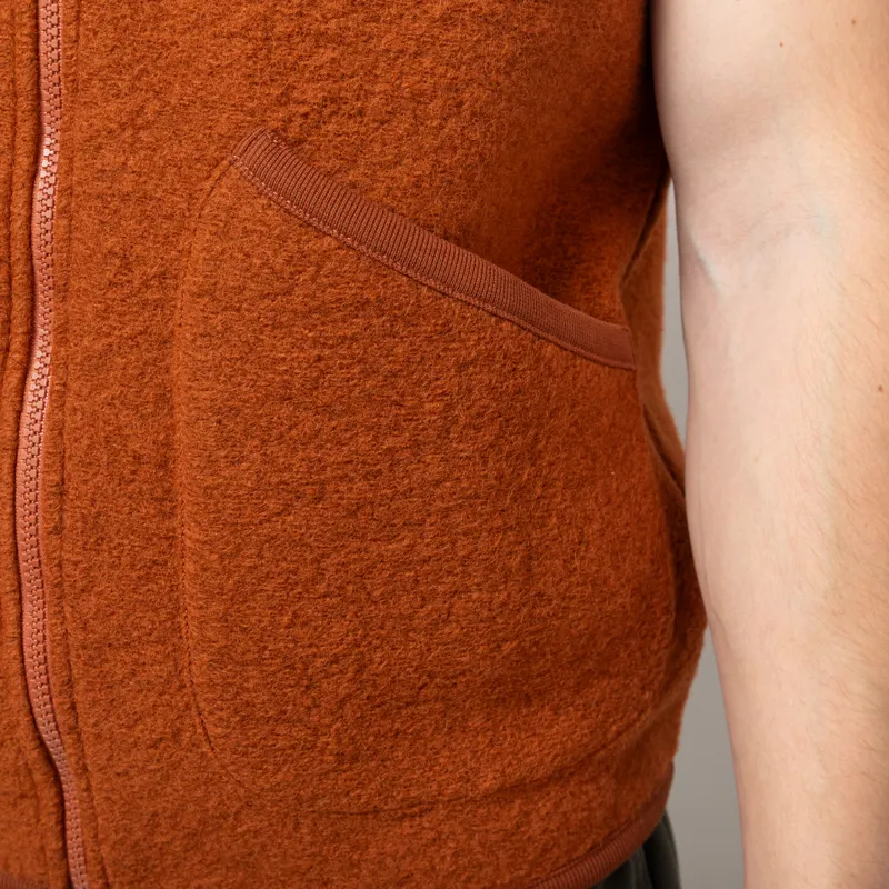Universal Works Zip Waistcoat Rust Wool Fleece-7