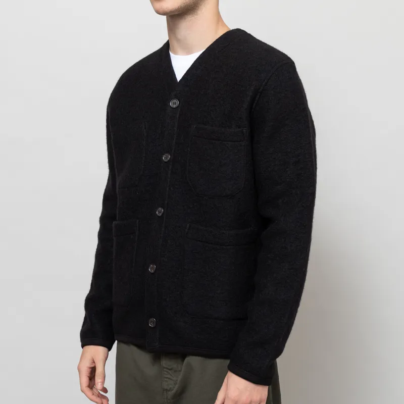 Universal Works Cardigan Black Wool Fleece-1