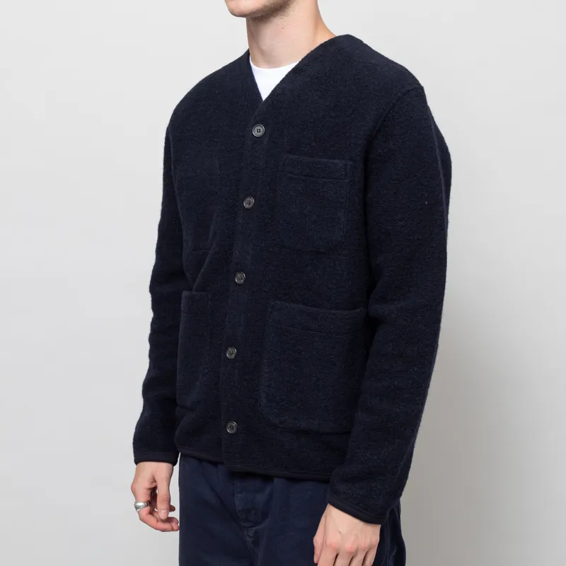 Universal Works Cardigan Navy Wool Fleece-1
