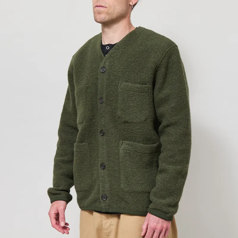 Universal Works Cardigan Olive Wool Fleece-1