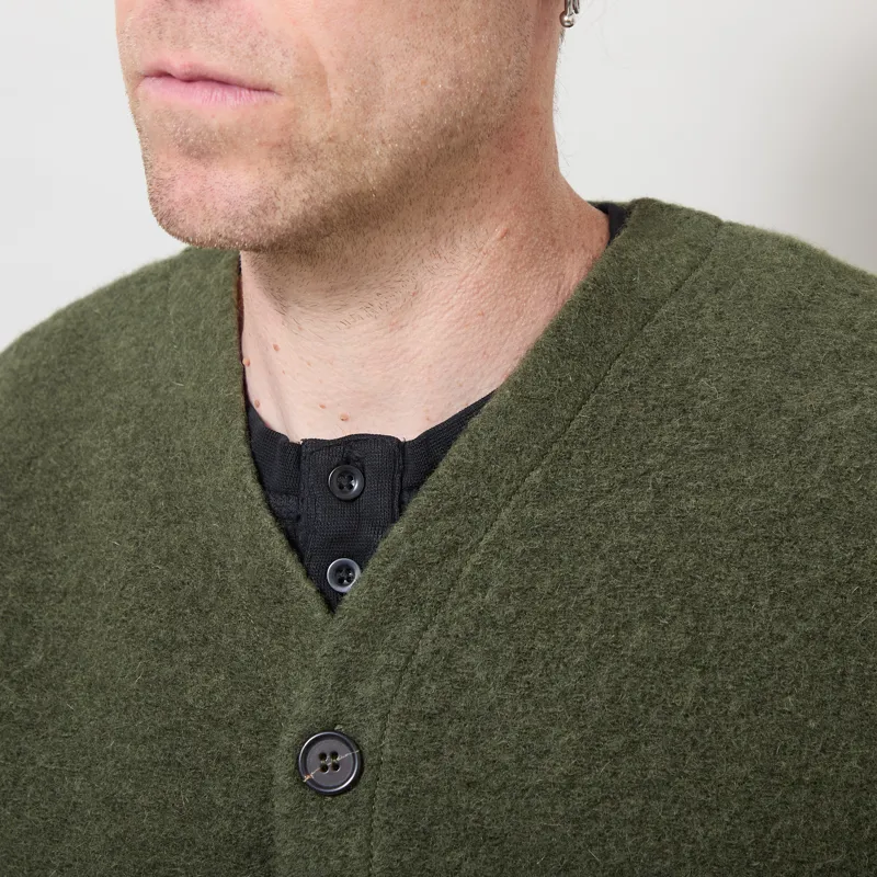 Universal Works Cardigan Olive Wool Fleece-3