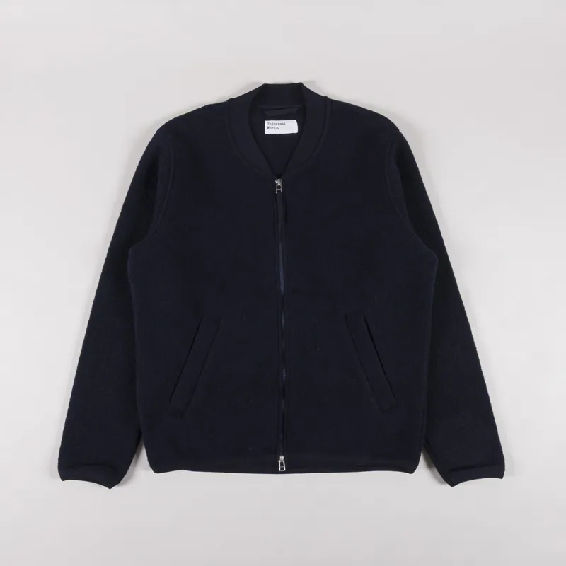Universal Works Zip Bomber Jacket Navy Wool Fleece