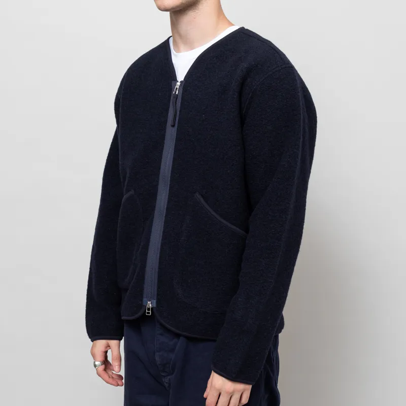 Universal Works Zip Liner Jacket Navy Wool Fleece-1
