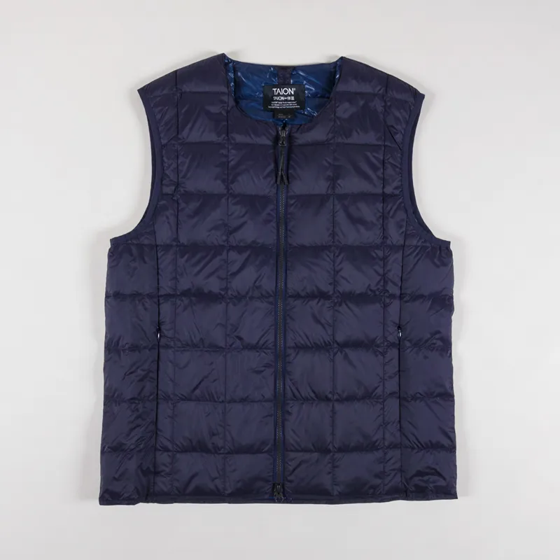 Taion Mens Crew Neck Double Zip Down Insulated Vest Navy Blue