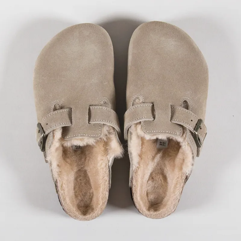 Birkenstock Womens Boston VL Shearling Regular Fit Sandals Taupe