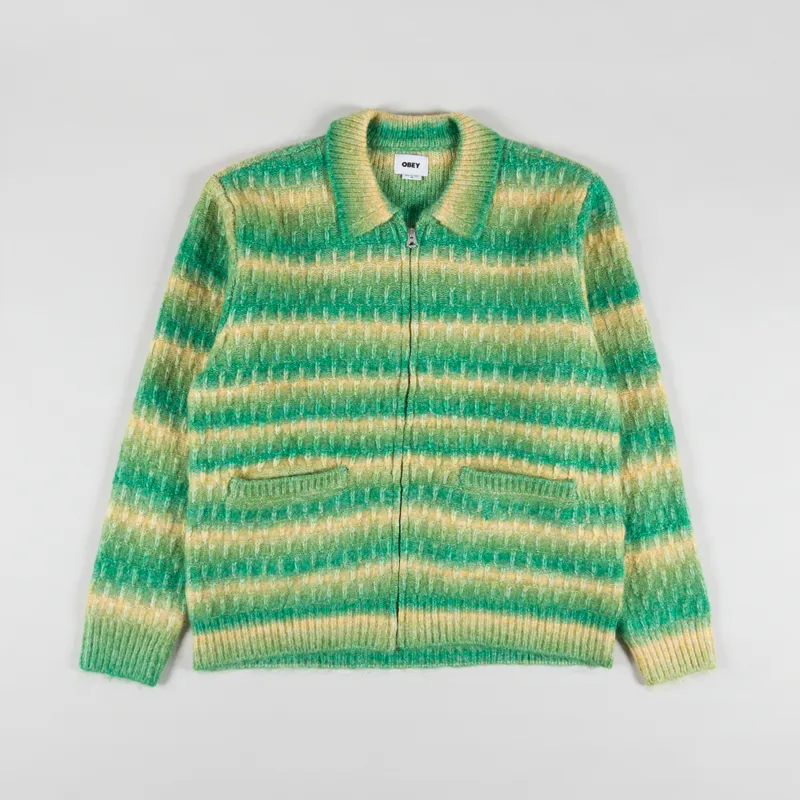 Obey Mens Reggie Zip Up Knitted Cardigan Jumper Green Multi