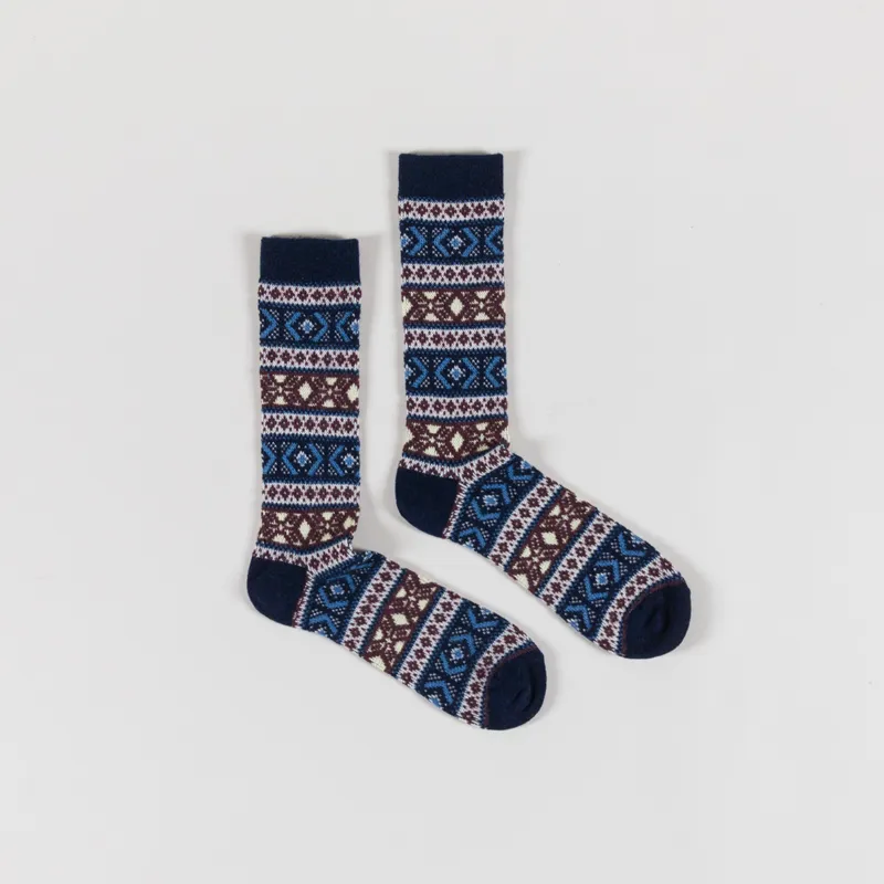 Anonymous Ism Wool Jacquard Crew Socks Navy
