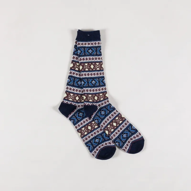 Anonymous Ism Wool Jacquard Crew Socks Navy