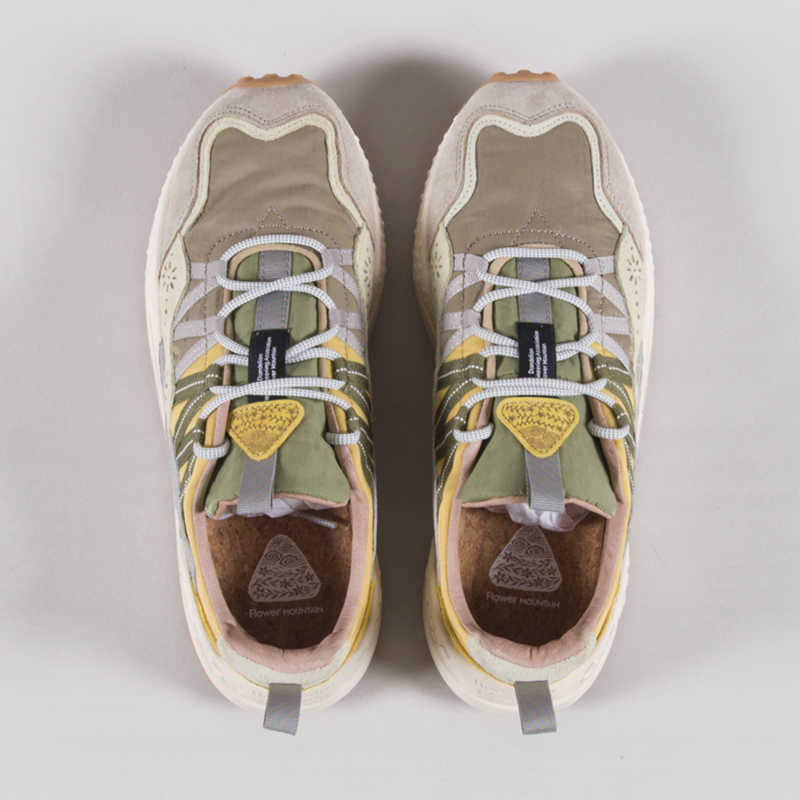 Flower Mountain Washi Shoes Taupe White Yellow Suede Nylon-6