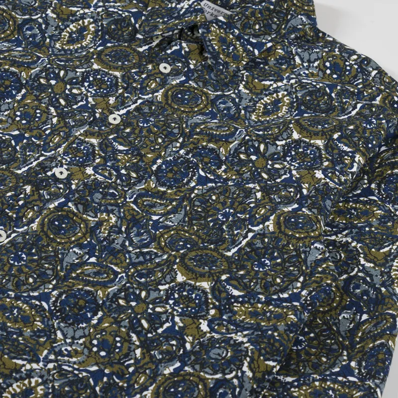 Universal Works Lazy Day Shirt Navy Artist Print Cotton-4