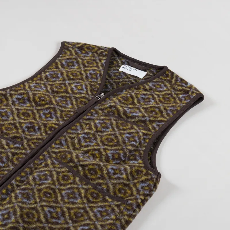 Universal Works Womens Zip Gilet Brown Geometric Fleece-6