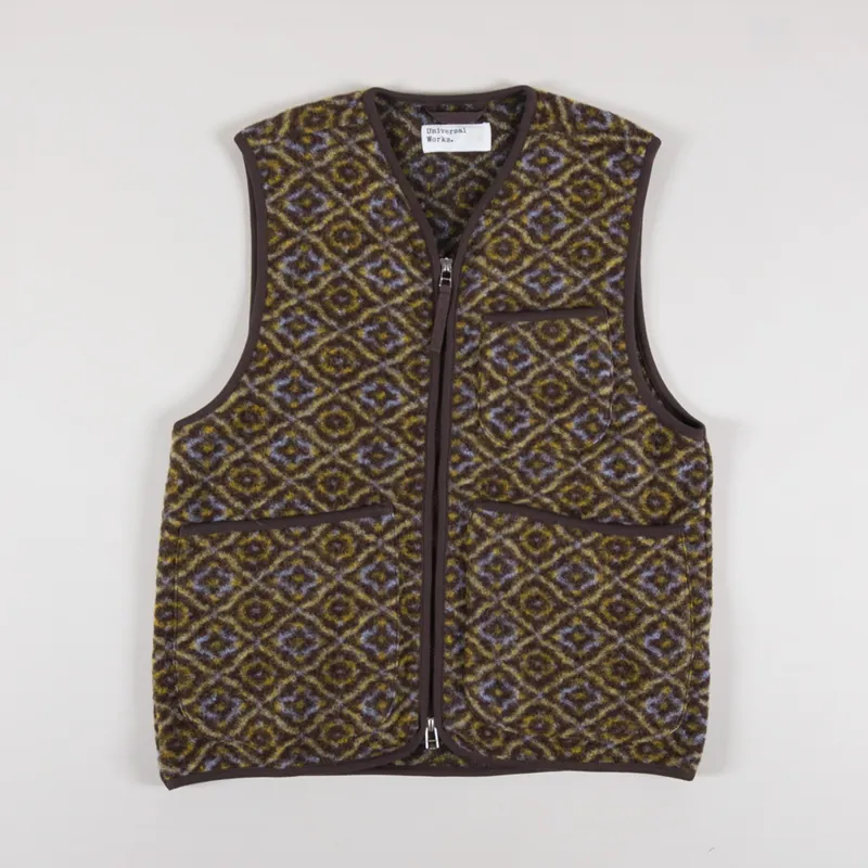 Universal Works Womens Zip Gilet Brown Geometric Fleece-4