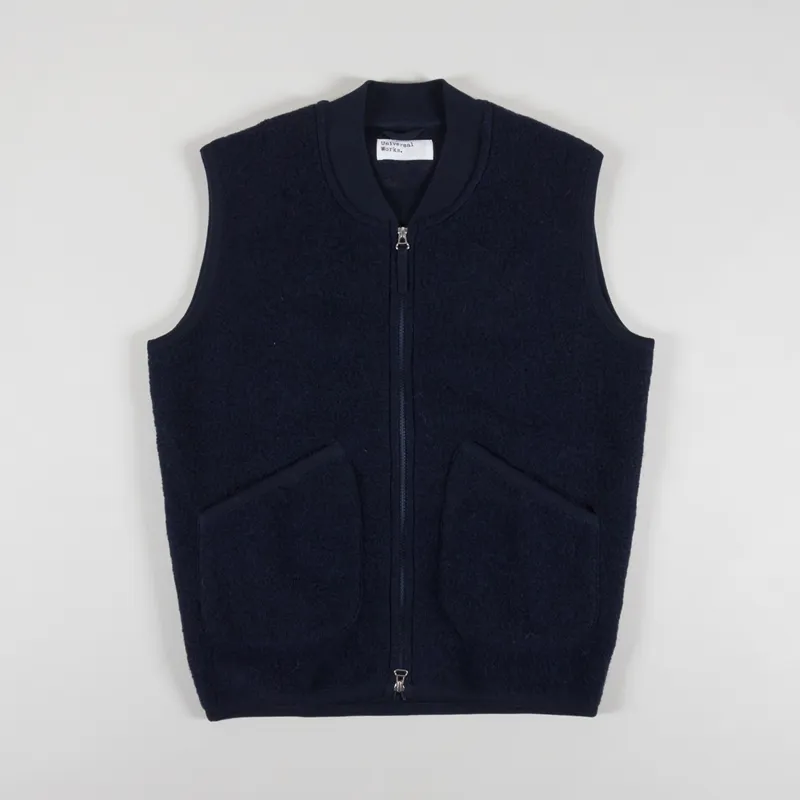 Universal Works Zip Waistcoat Navy Wool Fleece