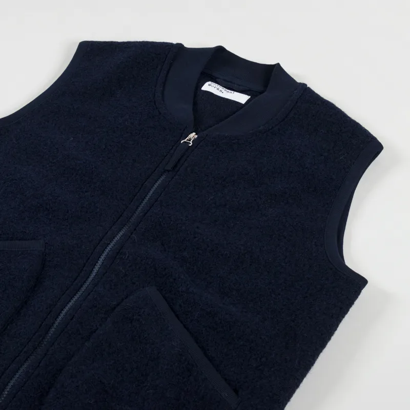 Universal Works Zip Waistcoat Navy Wool Fleece-3