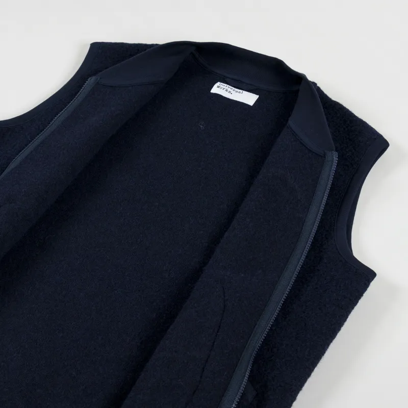 Universal Works Zip Waistcoat Navy Wool Fleece-4